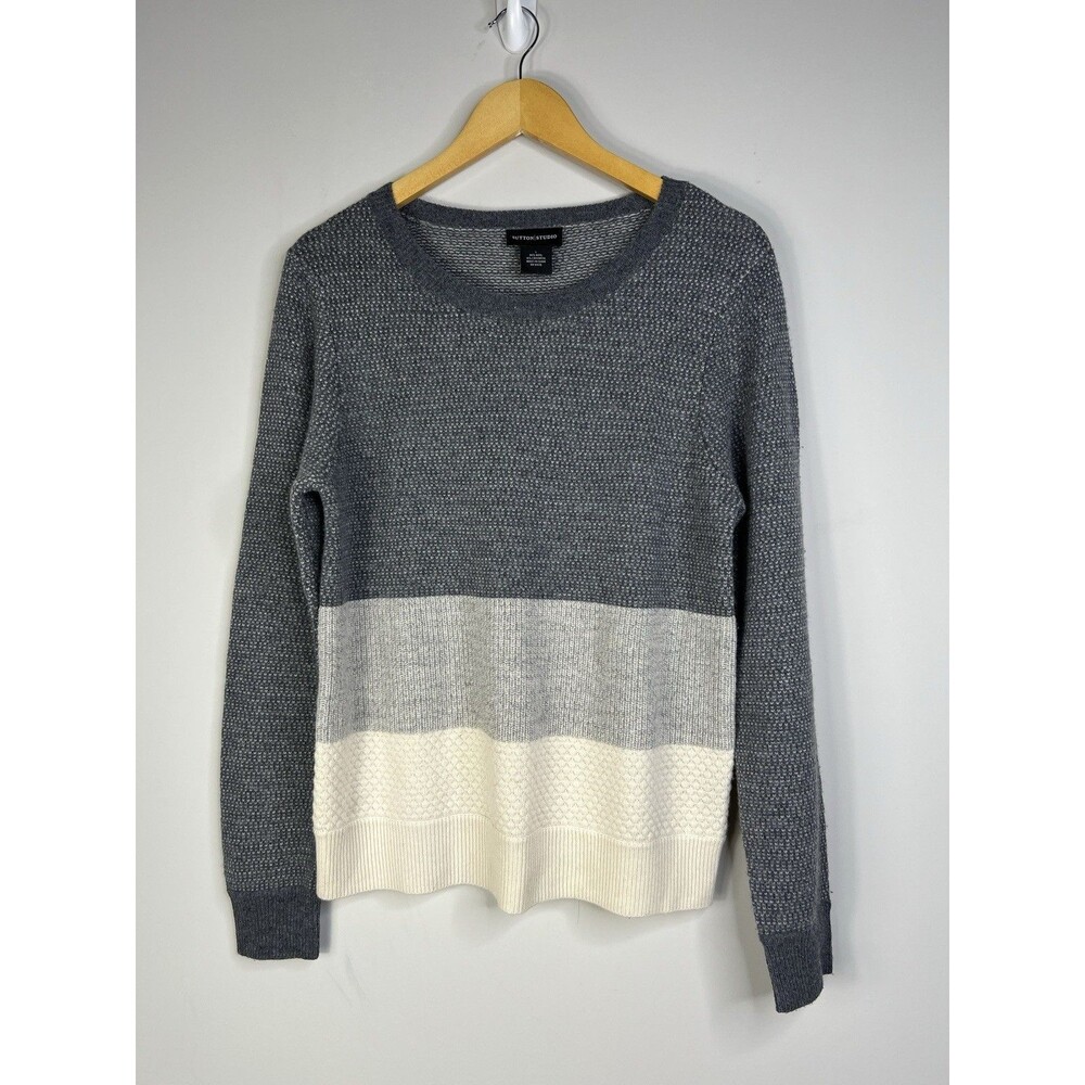 Sutton Studio Cashmere Blend Gray Stripe Crew Neck Sweater Size Large